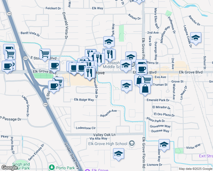 map of restaurants, bars, coffee shops, grocery stores, and more near 8775 Sapphire Court in Elk Grove