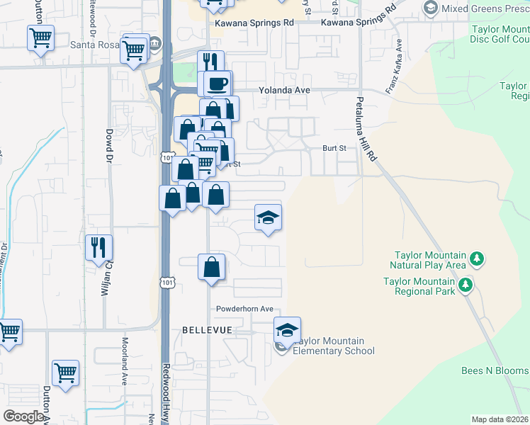 map of restaurants, bars, coffee shops, grocery stores, and more near 228 Pear Lane in Santa Rosa
