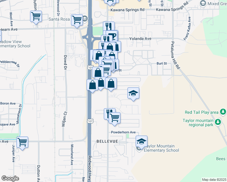 map of restaurants, bars, coffee shops, grocery stores, and more near 148 Pear Lane in Santa Rosa