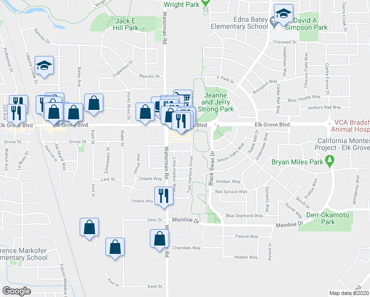 map of restaurants, bars, coffee shops, grocery stores, and more near 9337 Silver Harbor Way in Elk Grove