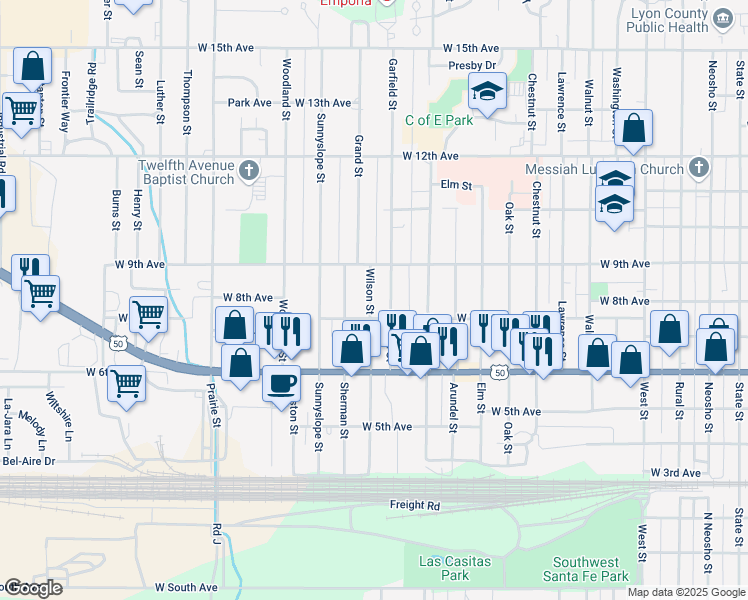map of restaurants, bars, coffee shops, grocery stores, and more near 718 Wilson Street in Emporia