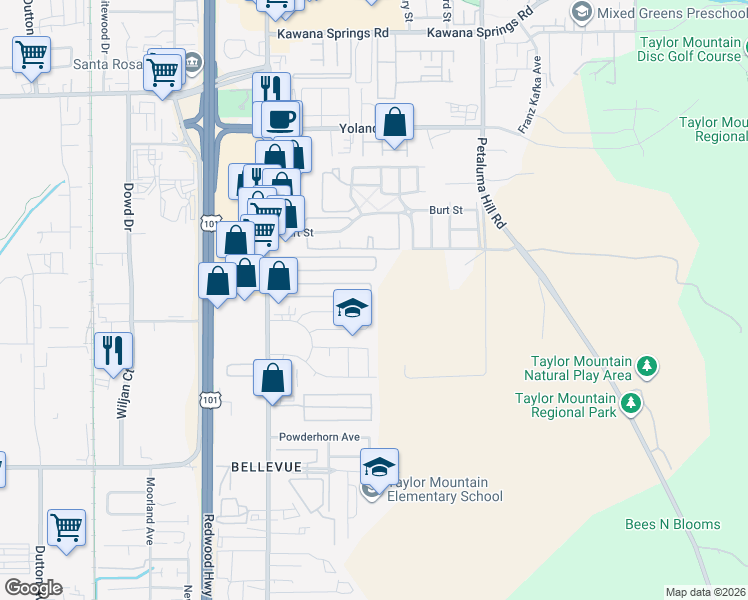 map of restaurants, bars, coffee shops, grocery stores, and more near 300 Pear Lane in Santa Rosa