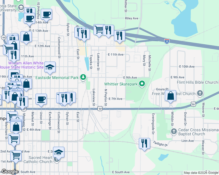 map of restaurants, bars, coffee shops, grocery stores, and more near 808 Peyton Street in Emporia