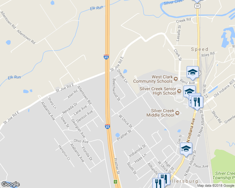map of restaurants, bars, coffee shops, grocery stores, and more near 836 Beechwood Street in Sellersburg