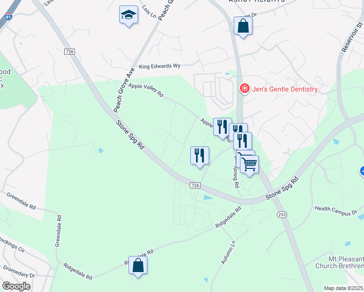 map of restaurants, bars, coffee shops, grocery stores, and more near 1124 Stone Spring Road in Harrisonburg