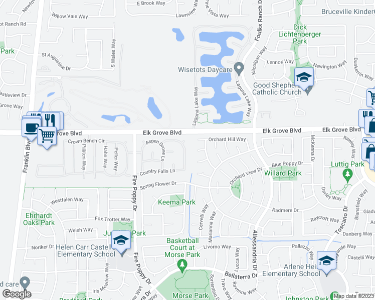 map of restaurants, bars, coffee shops, grocery stores, and more near 9645 Country Falls Lane in Elk Grove