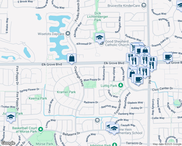 map of restaurants, bars, coffee shops, grocery stores, and more near 9645 Wild Cherry Court in Elk Grove