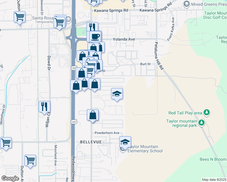 map of restaurants, bars, coffee shops, grocery stores, and more near 228 Pear Lane in Santa Rosa