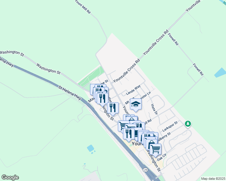 map of restaurants, bars, coffee shops, grocery stores, and more near 2041 Madison Street in Yountville