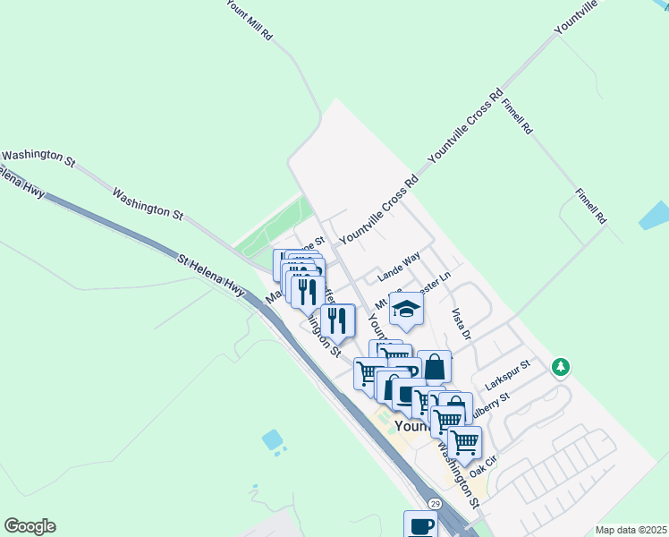 map of restaurants, bars, coffee shops, grocery stores, and more near 2041 Madison Street in Yountville