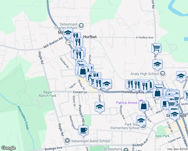 map of restaurants, bars, coffee shops, grocery stores, and more near in Sebastopol