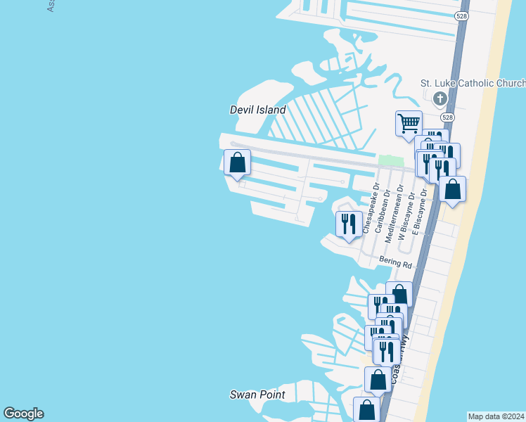 map of restaurants, bars, coffee shops, grocery stores, and more near 720 Rusty Anchor Road in Ocean City