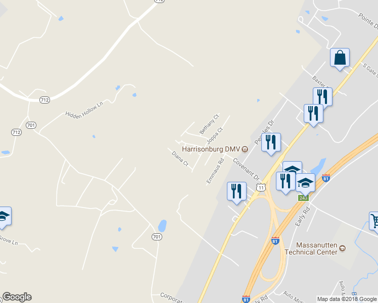 map of restaurants, bars, coffee shops, grocery stores, and more near 3337 Impression Court in Harrisonburg