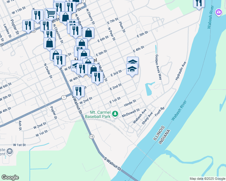 map of restaurants, bars, coffee shops, grocery stores, and more near 201 East 2nd Street in Mount Carmel