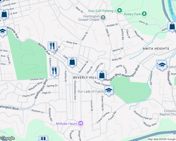 map of restaurants, bars, coffee shops, grocery stores, and more near 126 Olive Street in Huntington