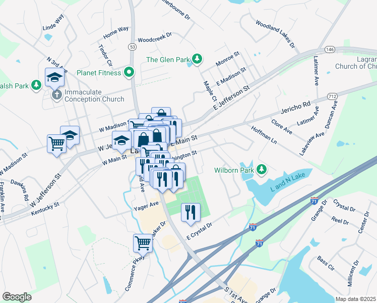 map of restaurants, bars, coffee shops, grocery stores, and more near 306 East Washington Street in La Grange