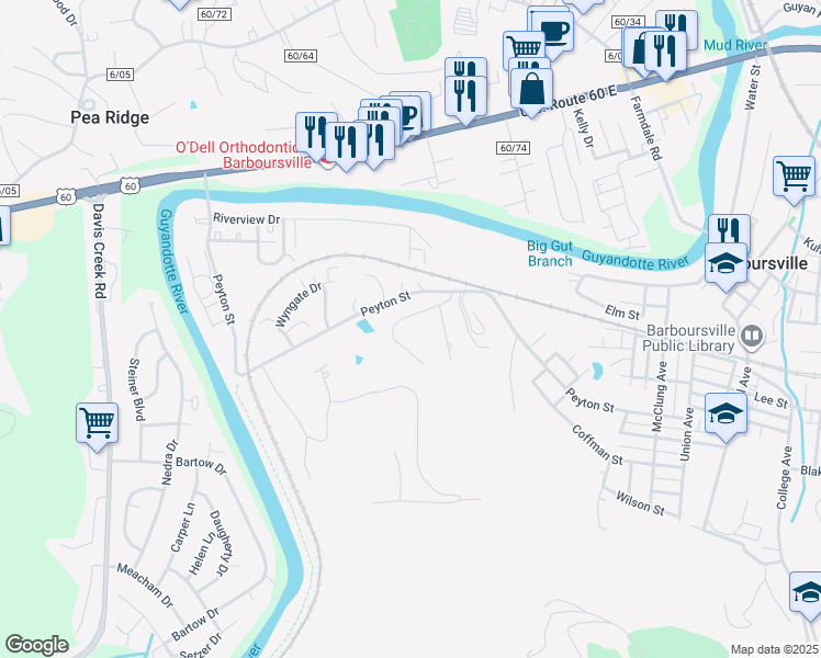 map of restaurants, bars, coffee shops, grocery stores, and more near 61 Brickshire Ln in Barboursville