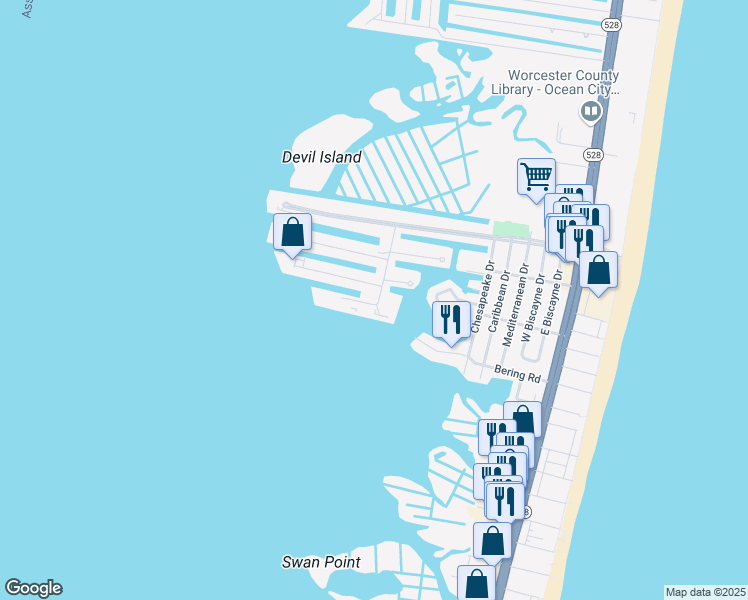 map of restaurants, bars, coffee shops, grocery stores, and more near 700 Rusty Anchor Road in Ocean City