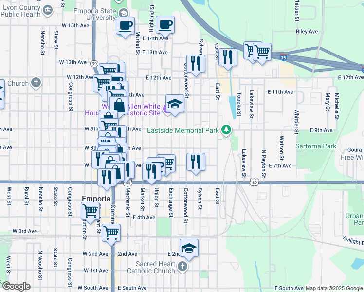 map of restaurants, bars, coffee shops, grocery stores, and more near 801 Cottonwood St in Emporia