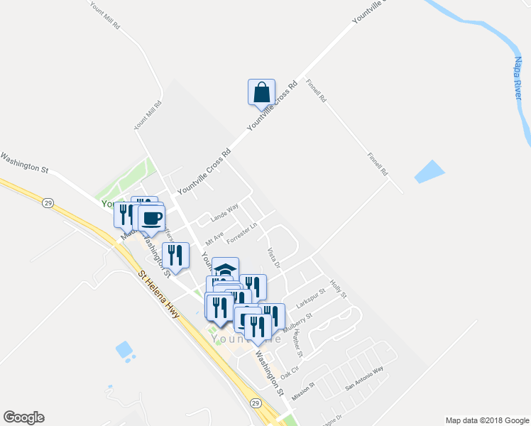 map of restaurants, bars, coffee shops, grocery stores, and more near 2 Redwood Drive in Yountville