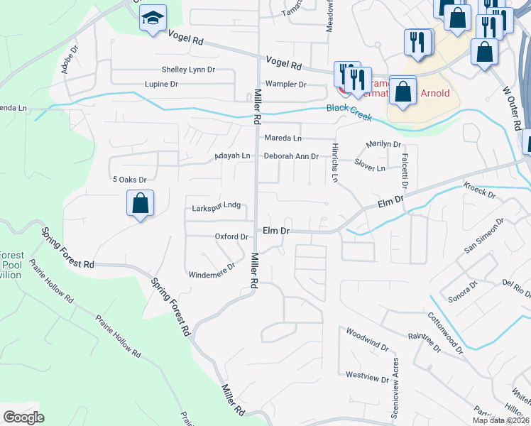 map of restaurants, bars, coffee shops, grocery stores, and more near 3863 Crest Circle Drive in Arnold