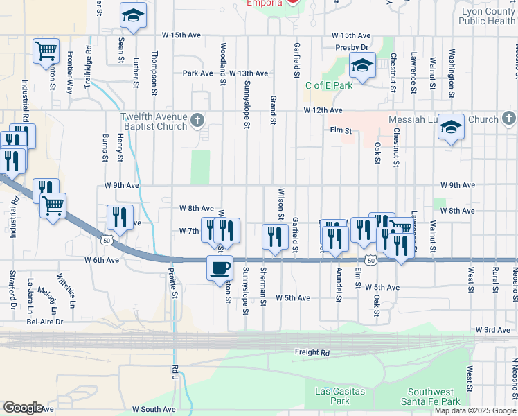 map of restaurants, bars, coffee shops, grocery stores, and more near 713 Sherman Street in Emporia