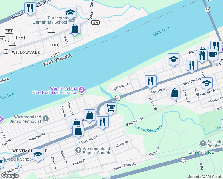 map of restaurants, bars, coffee shops, grocery stores, and more near 498 28th Street West in Huntington