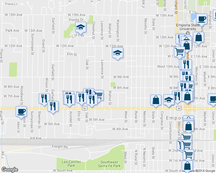map of restaurants, bars, coffee shops, grocery stores, and more near 801 Walnut St in Emporia