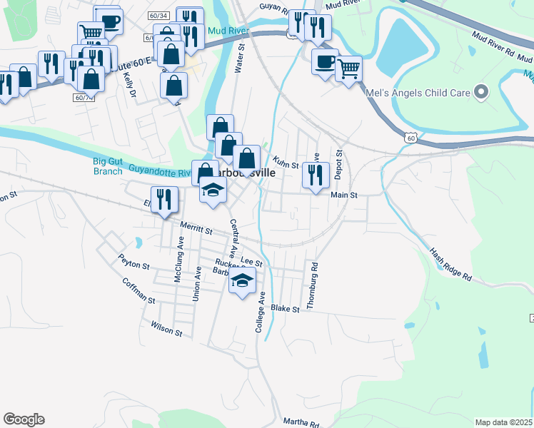 map of restaurants, bars, coffee shops, grocery stores, and more near 812 Nash St in Barboursville