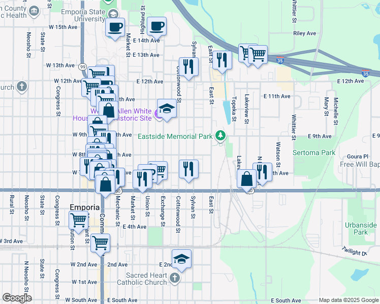 map of restaurants, bars, coffee shops, grocery stores, and more near 801 Sylvan Street in Emporia