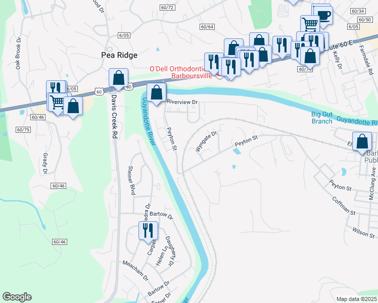 map of restaurants, bars, coffee shops, grocery stores, and more near 171 Wyngate Drive in Barboursville