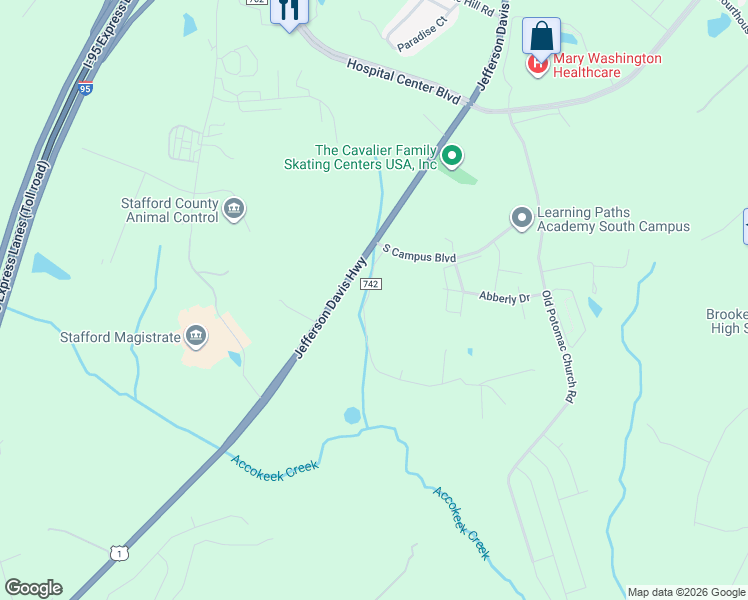 map of restaurants, bars, coffee shops, grocery stores, and more near 29 Jumping Branch Road in Stafford