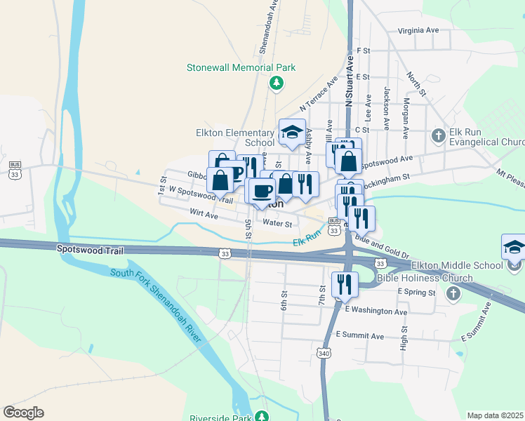 map of restaurants, bars, coffee shops, grocery stores, and more near 317 West Spotswood Avenue in Elkton