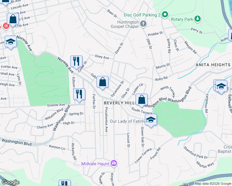 map of restaurants, bars, coffee shops, grocery stores, and more near 136 Sycamore Street in Huntington