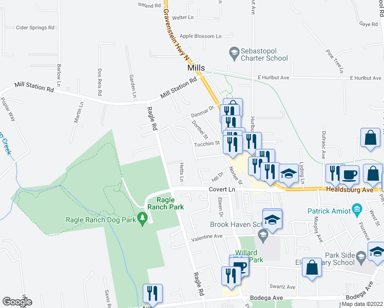 map of restaurants, bars, coffee shops, grocery stores, and more near 880 Daniel Street in Sebastopol