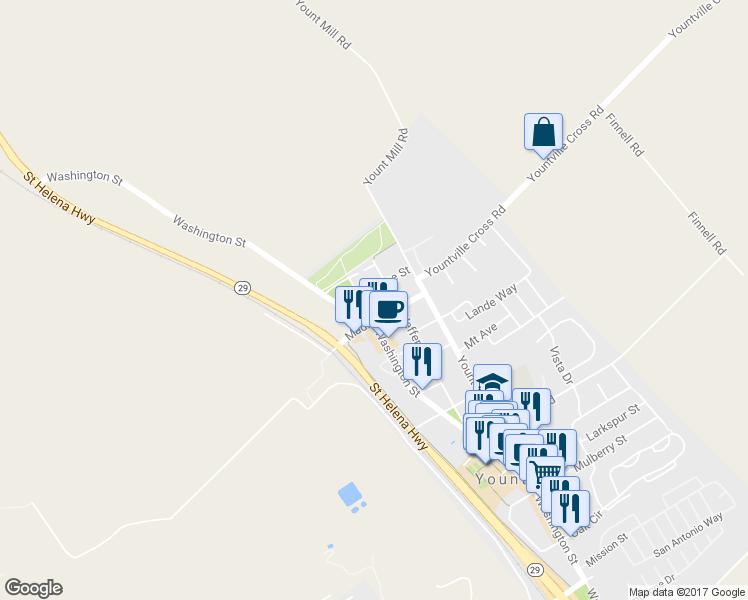 map of restaurants, bars, coffee shops, grocery stores, and more near 2175 Monroe St in Yountville