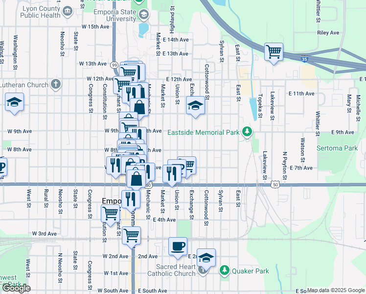 map of restaurants, bars, coffee shops, grocery stores, and more near 316 East 8th Avenue in Emporia