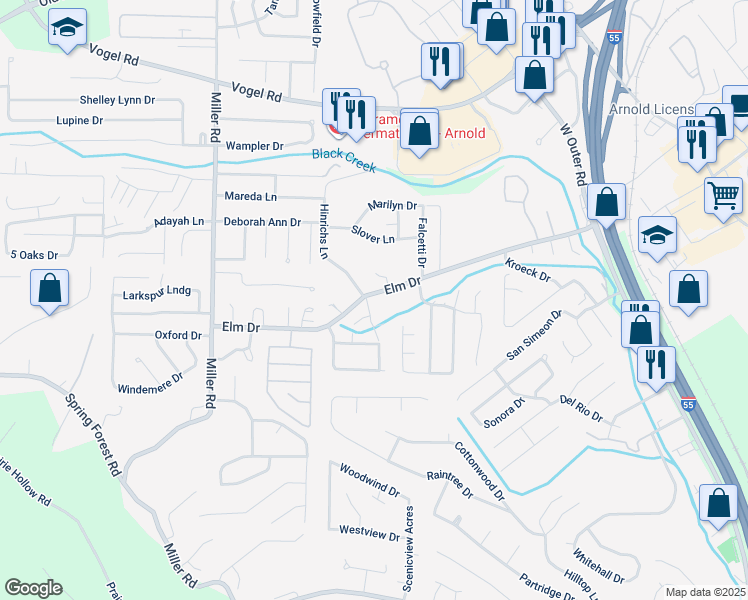 map of restaurants, bars, coffee shops, grocery stores, and more near 2490 Elm Drive in Arnold