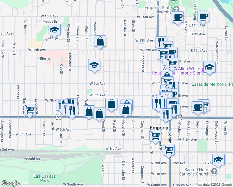map of restaurants, bars, coffee shops, grocery stores, and more near 802 Rural Street in Emporia