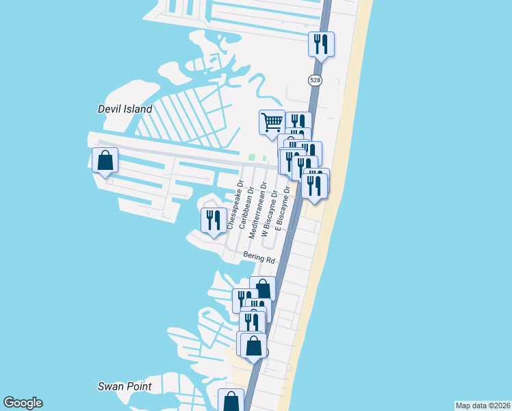 map of restaurants, bars, coffee shops, grocery stores, and more near 9007 Mediterranean Drive in Ocean City