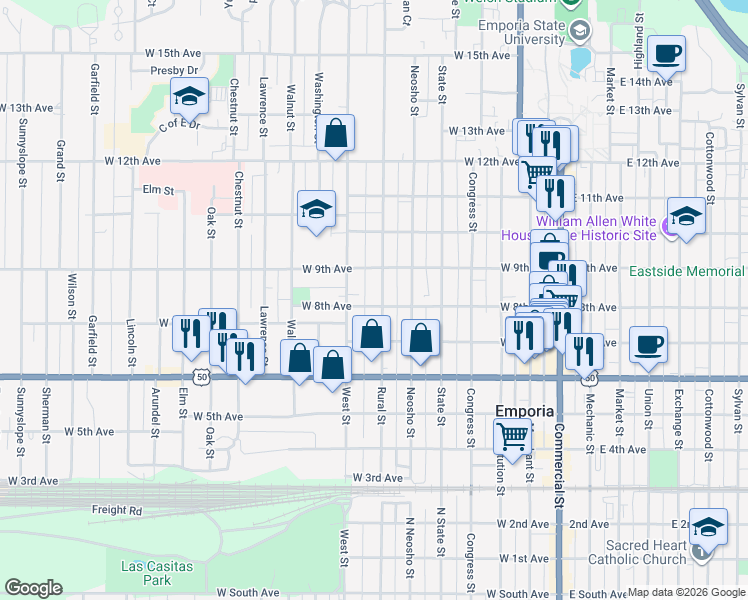map of restaurants, bars, coffee shops, grocery stores, and more near 802 Rural Street in Emporia