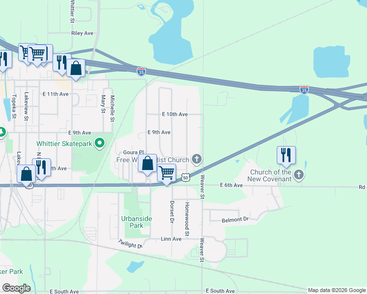 map of restaurants, bars, coffee shops, grocery stores, and more near 725 Homewood Street in Emporia