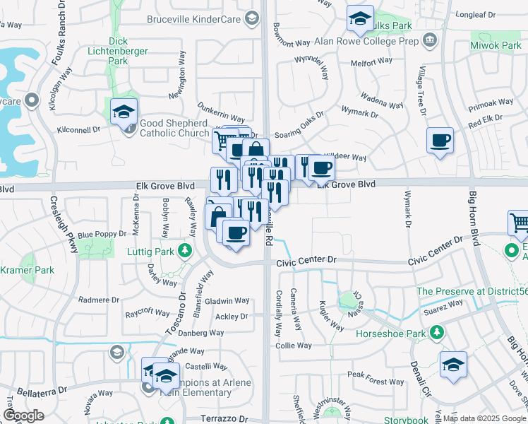 map of restaurants, bars, coffee shops, grocery stores, and more near 9650 Bruceville Road in Elk Grove