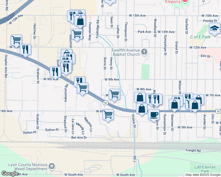 map of restaurants, bars, coffee shops, grocery stores, and more near 2325 West 8th Avenue in Emporia