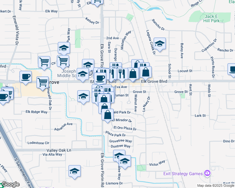 map of restaurants, bars, coffee shops, grocery stores, and more near 9640 Adams Street in Elk Grove