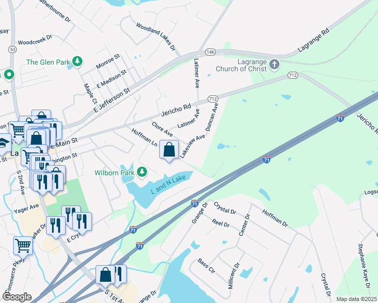 map of restaurants, bars, coffee shops, grocery stores, and more near 605 Lakeview Avenue in La Grange