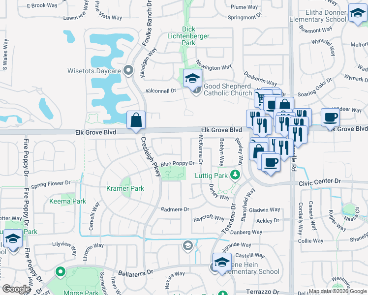 map of restaurants, bars, coffee shops, grocery stores, and more near 9640 Richlyn Way in Elk Grove