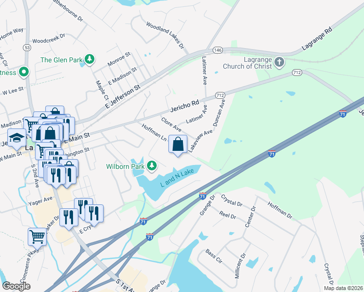 map of restaurants, bars, coffee shops, grocery stores, and more near 215 Hoffman Lane in La Grange