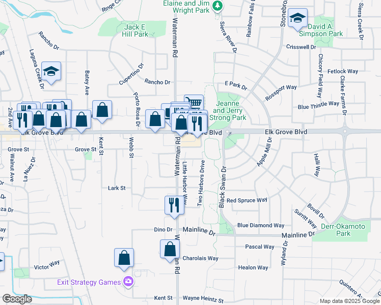 map of restaurants, bars, coffee shops, grocery stores, and more near 9337 Silver Harbor Way in Elk Grove