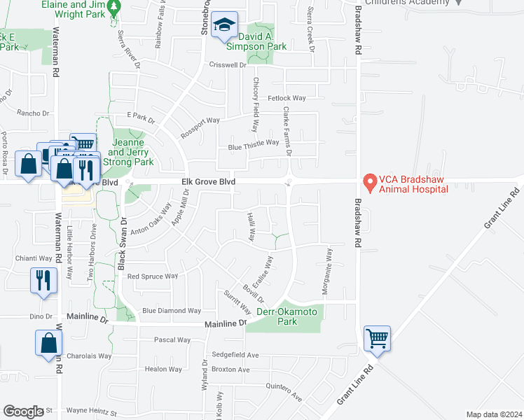 map of restaurants, bars, coffee shops, grocery stores, and more near 9630 Rivage Way in Elk Grove